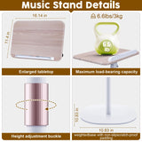 2 in 1 Dual-use Music Stand & Desktop Book Stand, Adjustable Height 16.5"-51", 100% Solid Wood Laptop Floor Stand Book Holder with Elastic Page Clips for Cookbooks (White with Tray)
