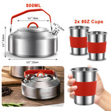 Camping Cooking Set | Stainless Steel Camping Pot and Pan Set with Kettle Cups Plates Forks Knives Spoons Jorunhe