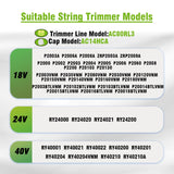 15 Pcs AC80RL3 Replacement Trimmer String for Ryobi One Plus+, 0.080″ Diameter String Trimmer Refll and AC14HCA Cover Cap Compatible with Ryobi 18v, 24v, and 40v Cordless Trimmers(12 Spools+3 Caps)