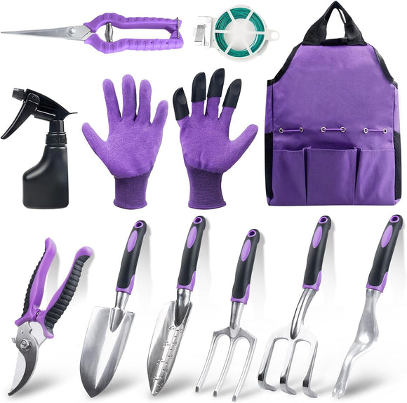 Gardening Tool Set - 11 Piece Aluminum Alloy Steel Hand Tool Starter Kit with Garden Bag, Outdoor Tool