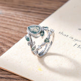 Oseew Natural Moss Agate Ring for Women 2CT Pear Cut 2 Pieces Engagement Ring Set 10K/14K/18K Solid Gold/Sterling Silver Wedding Vintage Leaf Bridal Promise Ring with Gift Box