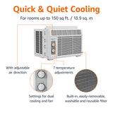 Amazon Basics 5000-BTU Window Air Conditioner with Quiet Operation, Up to 150 Sqf, Cool and Fan Functions, Washable Filter, Adjustable Window Kit, Intuitive Mechanical Controls, for Small Room, White