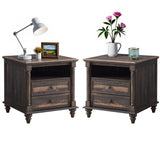T4TREAM 24'' Farmhouse End Table w/4 Solid Wood Feet Set of 2, Large 2 Drawers Sofa Side Table with Charging Station, Rustic Wood Square Nightstand for Living Room, Bedroom, Office, Dark Rustic Oak