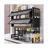 BYRTJSWX Over The Sink Dish Drying Rack, 3-Tier Stainless Steel with Cover & Knife Holder, Space-Saving Drain Rack for Kitchen Sink, Organizer for Dishes, Glasses, Bowls, Cutlery(Black,95cm/37.4in)