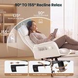 SEDETA Cross Legged Office Chair with Flip Armrests, 4 Headrest Angles, Big and Tall Criss Cross Chair with 30'' High Back, 155° Reclining, Foot Rest, Waist Pillow, Wide Seat, White PU Leather