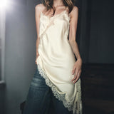 Women's Satin Lace Dress Asymmetric Cocktail Mini Dress Layering Essentials Elegant Dresses Date Night Outfits(White,M)