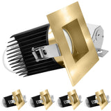 LUXRITE 4 Inch Recessed Light, Regressed Canless LED Spotlight, 5CCT 2700K-5000K, CRI90, 22W, 1700 Lumens High Output, 60º Wide Flood, Square Brass Trim, Dual Dimmable, IC Rated, Wet Rated (4 Pack)