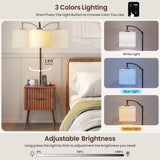 HNEBC Fluted nightstand Set 2 with - with 3-Color Lights and Lampshades,Modern Night Stand with Charging Station,LED Bedside Table with 2 Drawers,Tall Side Table for Bedroom,Walnut