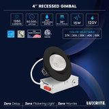LUXRITE 4-Inch Gimbal LED Recessed Lighting, 5 Color Selectable 2700K-5000K, 15 Watts, 1250 Lumens, Adjustable 360º + 30º Swivel Spotlight, Dimmable, CRI90, IC & Wet Rated, ETL, Black (6 Pack)