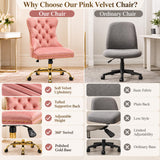 Pink Velvet Home Office Desk Chairs, Armless Vanity Chair with Wheels