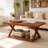 BECHAEO Solid Oak Coffee Table for Living Room, 2-Tier Wooden Coffee Table with Storage Shelf, Modern X-Shaped Base, Heavy Duty 400 lbs Center Table for Home