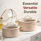 Chef Power Ceramic Cookware Sets, 15Pcs Pots and Pans Set Non Stick, Cookware Set with Stainless Steel Handle, Dishwasher & Oven Safe, Taupe and Light Gold Handle