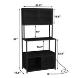 Furniouse 6-Tier Kitchen Bakers Rack with Power Outlet, Industrial Microwave Oven Stand with Shelves, Kitchen Utility Storage Shelf with Cabinet, Standing Storage Rack (Black)