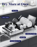 Kitsure Dish Drying Rack - Expandable Stainless Steel Dish Racks for Kitchen Counter, Auto-Drain Drying Rack for Kitchen with Cutlery Holder & Non-Slip Feet, 16.1-26.6" L x 12.6" W, Black