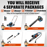 SENIX 17-Inch 26.5 cc Gas Weed Wacker, 20-Inch 144 cc 4-Cycle Gas Lawn Mower, 26.5cc Gas Leaf Blower and 16" Corded Chainsaw Kit