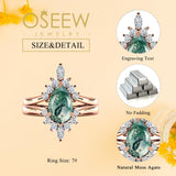 Oseew Custom Moss Agate Ring set Engraving Text Moss Agate promise Ring Set 10k gold Teardrop Moss Agate Stone