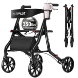 StepPilot Zero Wobble Rollator Walker with Seat for Seniors, 350lb Capacity, 18" Extra Wide Seat, 8" Wheels & Dual Brake, One-Hand Folds to 9.6", 7-Level Handle Adjustable, Cup Holder & Cane Clip