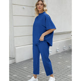 SeeLuNa Women's Two Piece Outfits 3/4 Batwing Sleeve Capelet Crew Neck Pullover Top Wide Leg Pants Lounge Set(Dark-Blue, L)