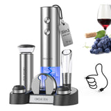 CIRCLE JOY Electric Wine Bottle Opener Set Stainless Steel Rechargeable Wine Opener 8-in-1 Wine Gift Set with Charging base, Foil Cutter, Wine Aerator Pourer, Vacuum Pump & 2 Wine Stoppers, Silver
