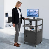 2-in-1 AV Media Cart with Wheels, 360° Mobile Utility Steel AV Cart Heavy-Duty Rolling Computer Cart w/Locking Cabinet Pullout Tray Power Strip & Adjustable Height for Projector TV Laptop Printer