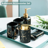 Black and Gold Bathroom Accessories Set, Marble Bathroom Accessories 5 Pieces Ceramic Modern Bathroom Accessories Set with Bathroom Soap and Toothbrush Holder Set, Soap Dispenser, Mouthwash Cups