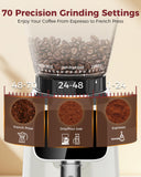 Tuni G2 Conical Burr Coffee Grinder, 70 Grind Settings Anti-static Burr Mill, Precision Electronic Timer and LED Touchscreen for Espresso/Drip/Cold Brew/French Press, Stainless Steel, Ivory