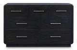 Signature Design by Ashley Rowanbeck Modern Seven-Drawer Dresser with Waterfall Edges, Nickel-Tone Hardware, Wood and Ash Veneer, Black Finish, 63.75' W