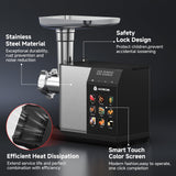 AAOBOSI Multifunctional Digital Meat Grinder Electric 3000W Max w/ 9 Touch Screen Presets, Auto-Reverse & Built-in Storage -Grinding, Sausage & Kibbe & Grate Cheese Making for Home Use