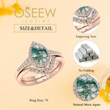Oseew Customized Moss Agate Ring set Engraving Text Moss Agate promise Ring Set 14k gold Teardrop Moss Agate Stone
