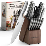 FIKSHOT 14 Pieces Knife Block Set German Stainless Steel with Block, Razor-Sharp Santoku Knives, Fruit & Kitchen Knives, Rust Resistant for Homecooks (Silver + Walnut)