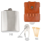 RE GOODS Golf Flask Gift Set - 7oz Flask With Leather Case - Includes Divot Tool, Tees and Ball Marker