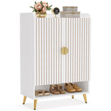 Tribesigns Shoe Cabinet with Doors, 6-Tier Shoe Storage Cabinet with Adjustable Shelves, Wooden Shoes Rack Shoe Storage Organizer for Entryway, Hallway, Closet, Living Room, White & Gold