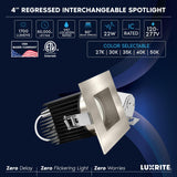 LUXRITE 4 Inch Recessed Light, Regressed Canless LED Spotlight, 5CCT 2700K-5000K CRI90, 22W, 1700 Lumens High Output, 60º Wide Flood, Square Brushed Nickel Trim, Dual Dimmable, IC & Wet Rated (4 Pack)