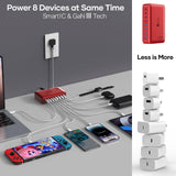 8-Port USB Charger Block 200W with Flat Plug, Braided Power Cord, and On/Off Switch- USB Charging Hub for iPhone, iPad, MacBook and More- 65W C Port Power Adapter for Laptops