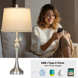 Rinweey 30 inch Silver Table Lamp Single, 3 Way Touch Control Bedside Lamp with USB A+C Ports, Modern Brushed Nickel Bedroom Lamps for Nightstand, Tall Metal Living Room Lamps for Side Table Office