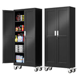 PAOFIN 71''H Tall Metal Garage Storage Cabinet with Wheels,Steel File Cabinets with 2 Doors and 4 Adjustable Shelves for Home Office, Warehouse, Required Assembly,Black