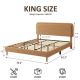 RENDGO King Size Bed Frame with 3- Level Height Adjustable Headboard - Plush Upholstered Platform Bed, No Box Spring Needed, Noise Free, Brown Finish for Master Bedroom and Guest Room