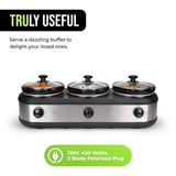 TRU Triple Buffet Server - Three 2.5 Quart Removable Crock Inserts - Slow Cooker & Food Warmer with Individual Heat Control - Includes Lid Rests & Serving Spoons