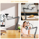 Overhead Camera Mount with Ring Light, Flexible Articulating Phone Arm Stand Compatible with iPhone, Logitech Webcam, Desk Tripod for YouTube Live Stream Cooking Nail Video Recording