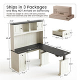 L Shaped Executive Standing Desk with Hutch and Storage Cabinet, Farmhouse Standing Desk with Charging Station