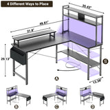 Aheaplus L Shaped Gaming Desk with Power Outlets & LED Lights, Small L- Shaped Desk Computer Corner Desk with Monitor Stand & Storage Shelf, Home Office
