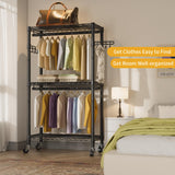 Heavy Duty Clothes Rack Rolling Garment Rack,3 Tier Adjustable Wire Shelving Clothing Racks for Hanging Clothes with Double Rods&Side Hooks,Freestanding Wardrobe Storage Rack Metal Portable Closet