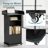 Podium Stand with Metal Wheels Wooden Lectern Podium Stand Portable Pulpit Standing with Storage Mobile