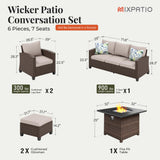 MIXPATIO Patio Furniture Set, 6 Pcs Wicker Rattan Outdoor Conversation Set, 2 x Leg Chairs, 1 x 3 Seater Sofa and 2 x Ottoman with 4" Thick Cushion and 32" Fire Pit Table, Beige