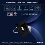LUXRITE 1-Head Regressed Trimless Gimbal LED Recessed Spotlight, 360°+15° Swivel Rotation, 5CCT 2700K-5000K, CRI90, 15W, 1000 Lumens, 60° Beam, Square Black, Dual Dimmable, IC & Wet Rated (4 Pack)