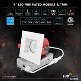 LUXRITE 6-Pack 4 Inch Square LED Recessed Lights with J-Box, 5CCT 2700K-5000K, 2 Hour Fire Rating, 15 Watts, 1000 Lumens, 38° Spotlight, Dimmable, IC Rated, Wet Rated, ETL - Baffle Trim