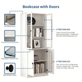 TUSY 71" H Bookshelf with Storage, 6-Tier Modern Bookshelves with 3 Large Drawer, Display Bookcase with Glass Doors, Modern 5-Tier Curio Cabinet for Home Office, Dining Room (White, AB)