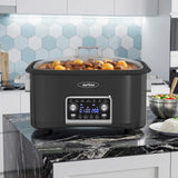 SUNVIVIPRO 12-in-1 Programmable Slow Cooker Roaster Oven, 8 Quart Digital Multi-Cooker Food Warmer with Timer, Temp Control & Auto Shut Off, Removable Non-Stick Pot, Dishwasher-Safe Glass Lid, Black