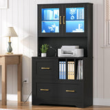 HOOBRO 2 Drawer File Cabinet with Charging Station, LED Lights, File Holder Organizer, Fits Letter, Legal, A4 Size, Vertical, for Home Office, Black