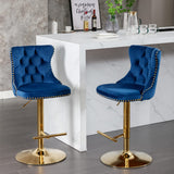 MOOLSUN Rotating Velvet Bar Stools Set of 6, Modern Padded with Nailhead Trim and Tufted Back, Adjustable Swivel Counter Height Stools for Kitchen Island, Bar, Club,Blue(Gold Base)
